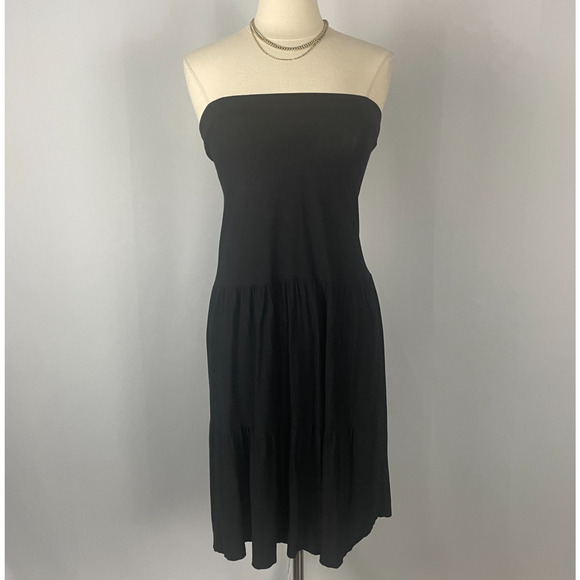 Boho Midi Dress Size Large Black Solid Strapless Tiered Broomstick Fairy Grunge - Picture 2 of 14